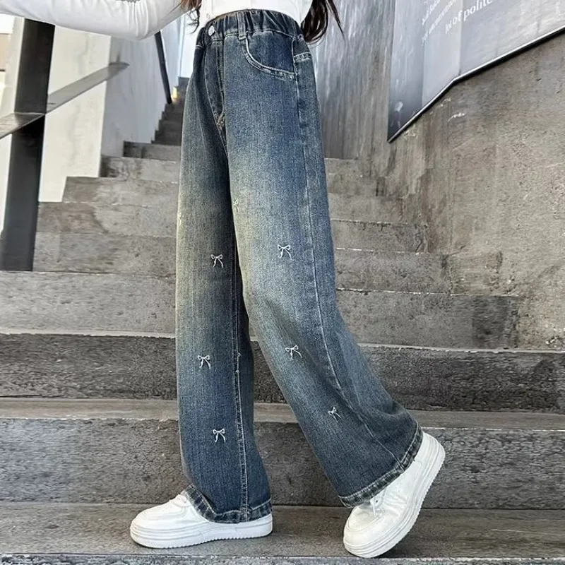 

Весна-Осень 202, модные свободные прямые джинсы для девочек среднего и большого размера, детские джинсовые брюки