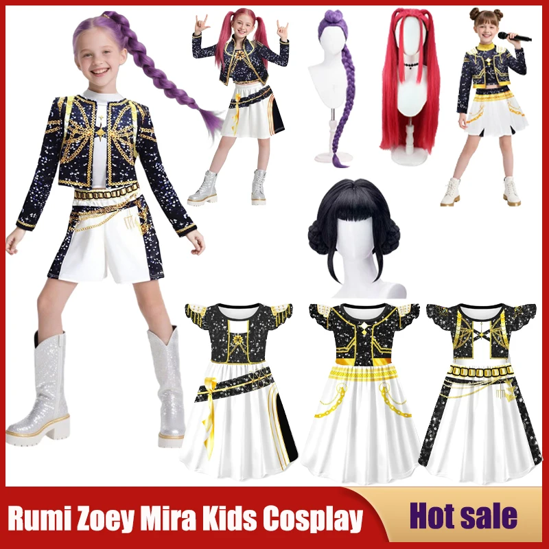 

New Kids K-Pop Demon Hunters Cosplay Costume Mira Rumi Zoey Girl Black Golden Uniform Child 3D Printed Fancy Dress Up Party Suit