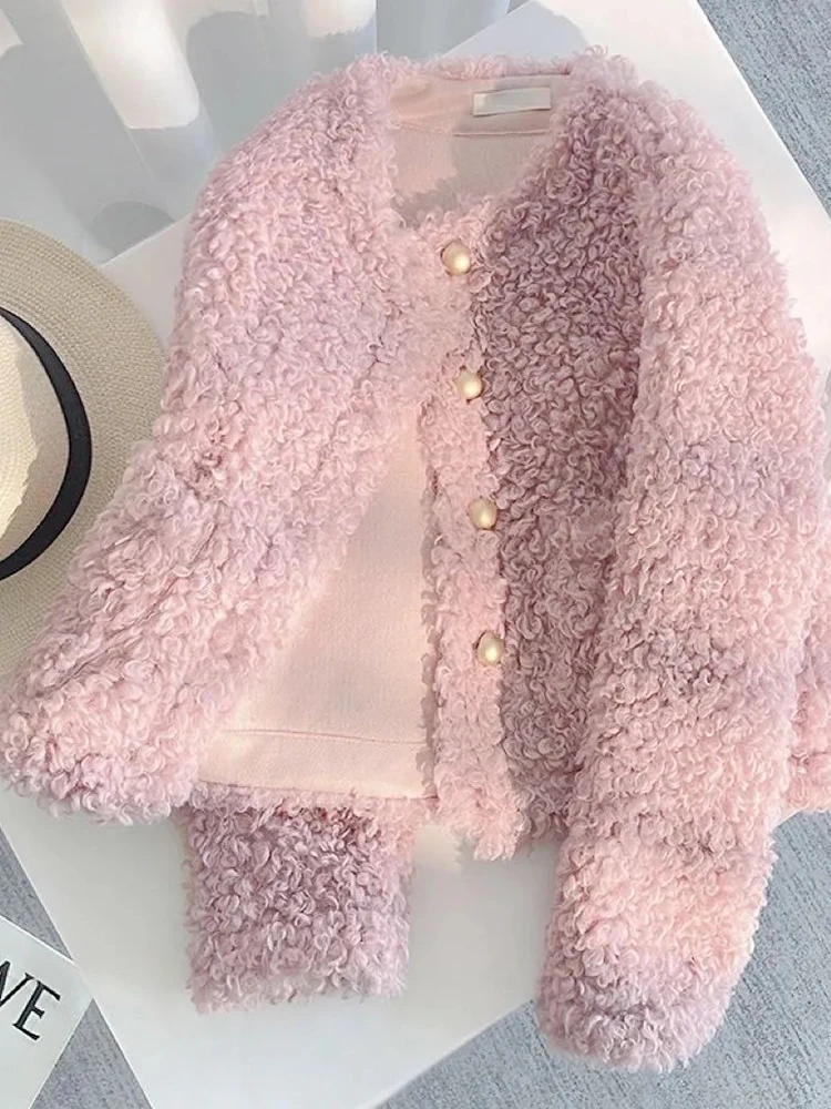 

Zoki Sweet Pink Faux Lamb Coat Женская милая тонкая винтажная куртка с длинным рукавом Зимняя теплая одежда с круглым вырезом Элегантные корейские женские повседневные топы