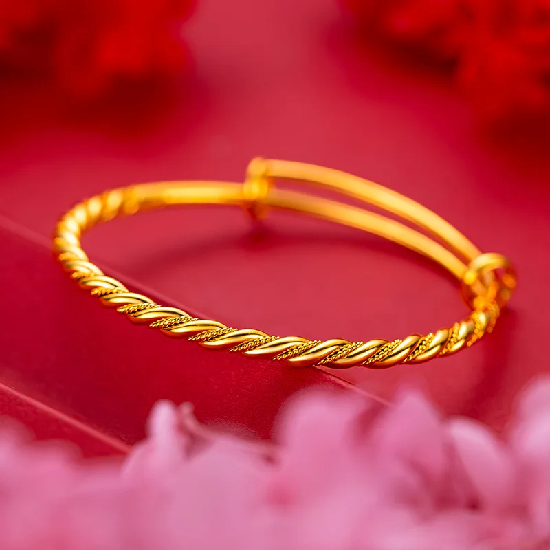 18K 999 Yellow Gold Twist Adjustable Bangle for Women Luxury Fine Jewelry Trendy Wedding Party Holiday Gift