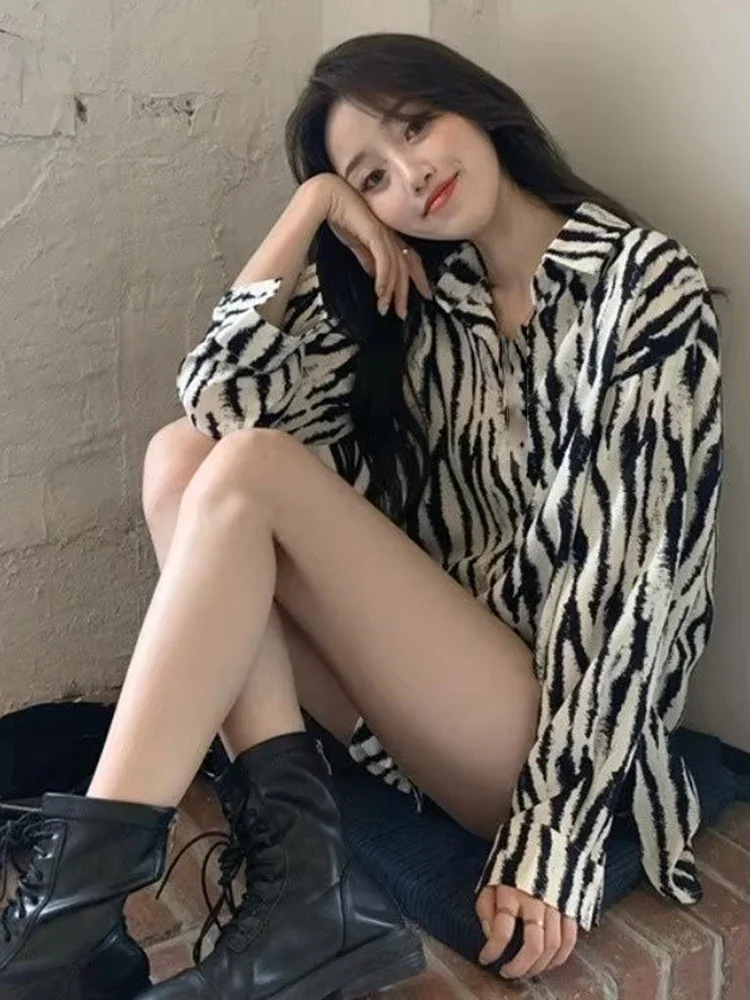 

Zebra Print Women's Shirt And Blouse Casual Youth Elegant Aesthetic Youthful Full Long Sleeve Pretty Chic Button Up Female Tops