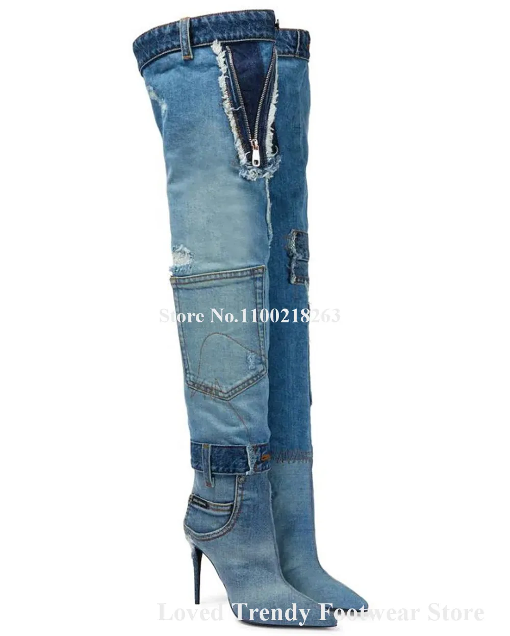 Western Style Blue Denim Over Knee Thin Heel Boots Sexy Pointed Toe Zippers Decorated Pockets Stiletto Heel Long Jean Boots