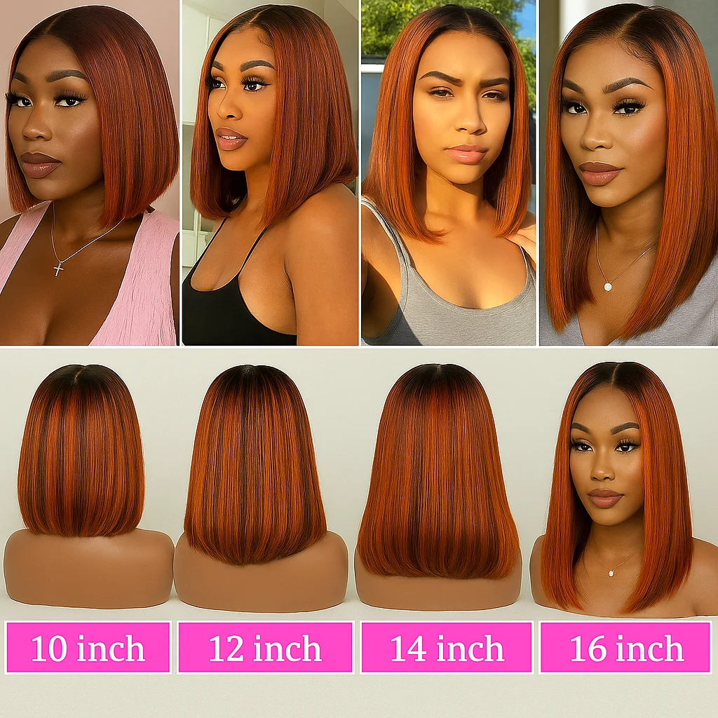 Peruka Bob Krótka z Włosów Naturalnych Ombre Brąz z Pasemkami w Kolorze Imbiru, Krótkie Proste Peruki z Przedziałkiem 13x4 Lace Frontal, Gotowe do Założenia Bez Kleju dla Kobiet