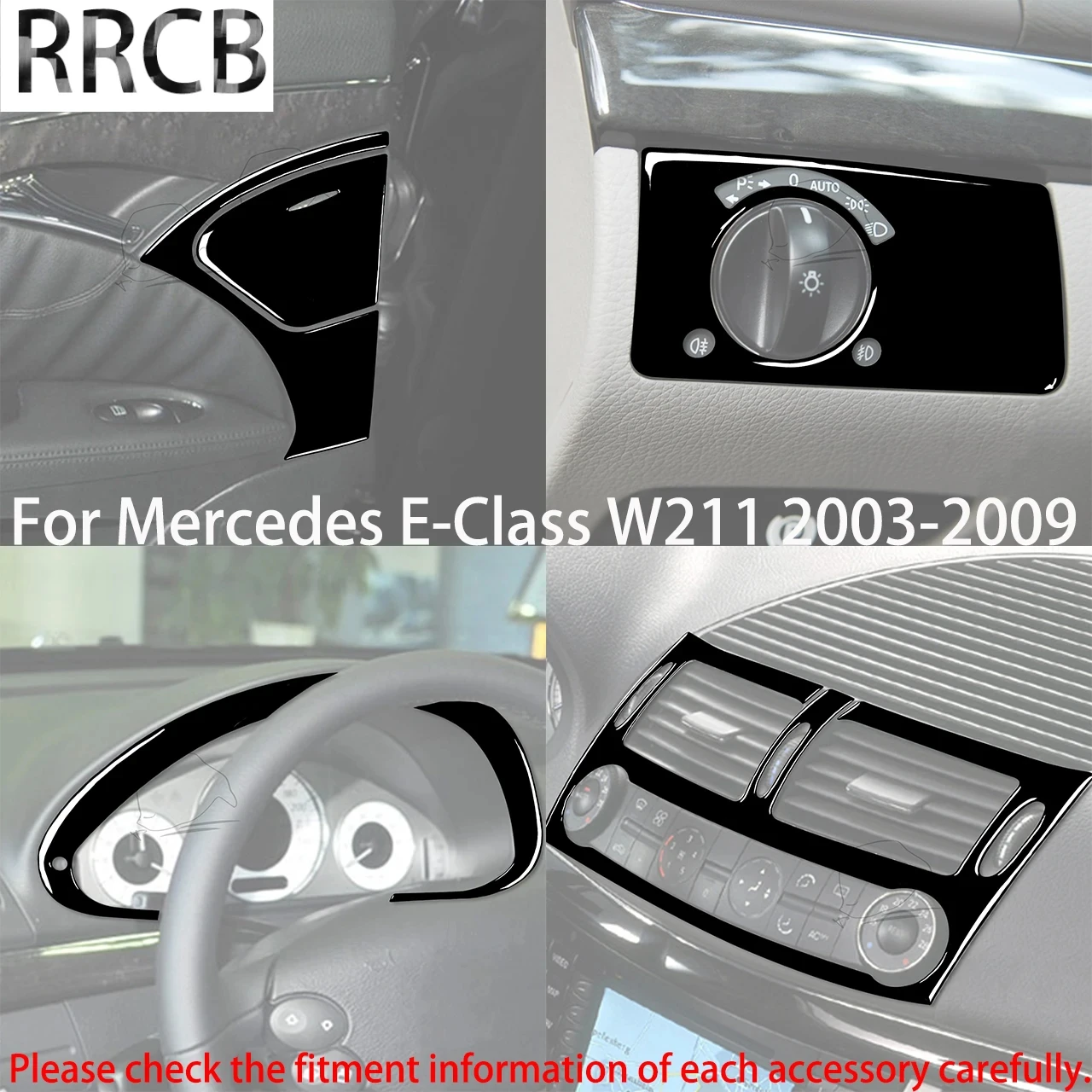 

For Mercedes W211 E Class Interior Accessories 2003-2009 Ashtray Headlight Dashboard Full Set Carbon Fiber Stickers Piano Black