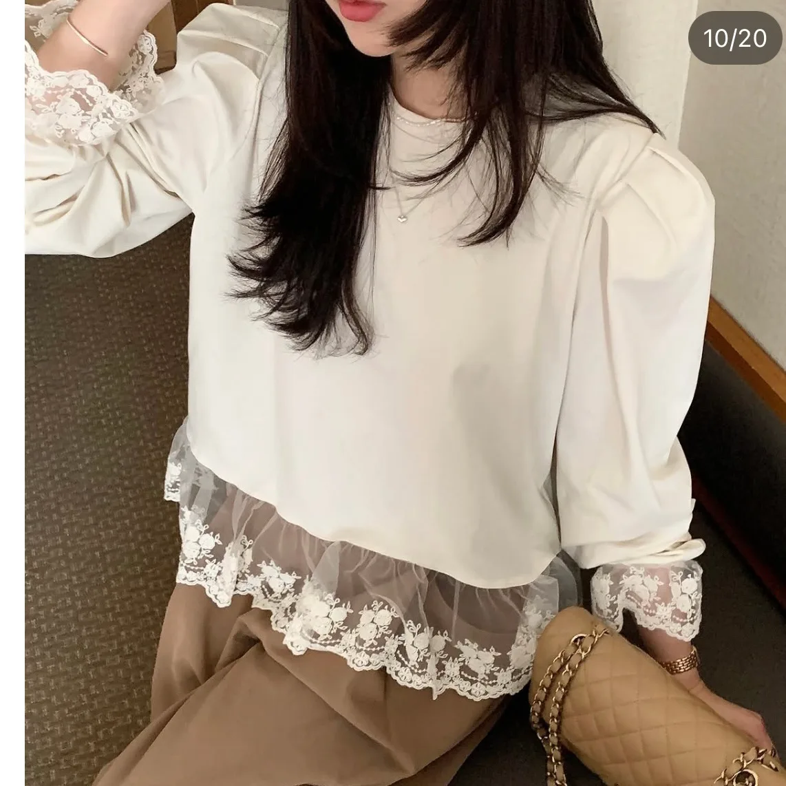 시크한 한국 스타일 여성용 긴 소매 레이스 스플라이싱 달콤하고 젊은 트림 장식 출퇴근용 루즈핏 통기성 좋은