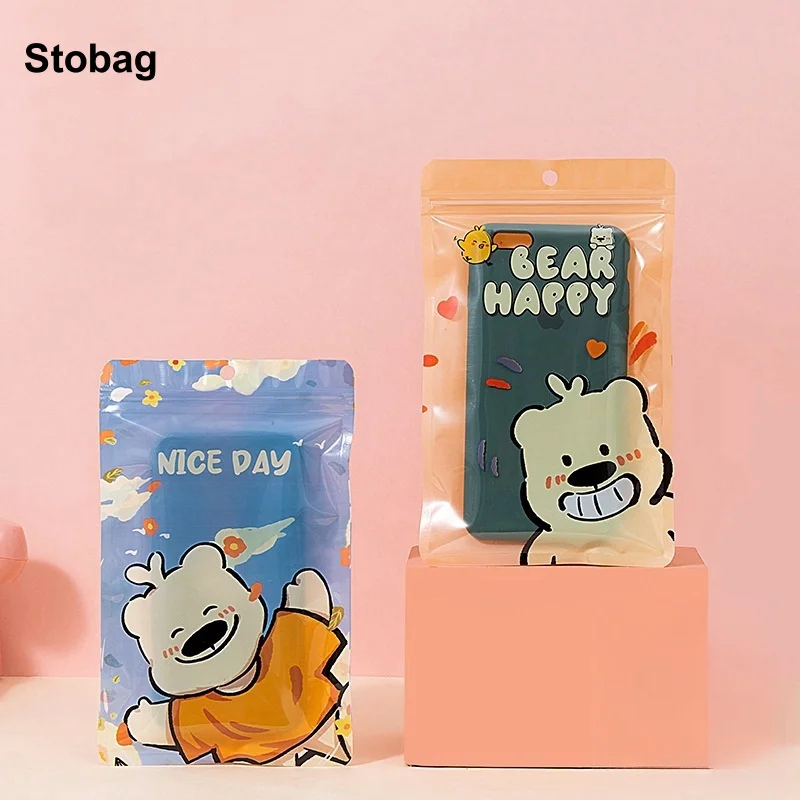 StoBag 50pcs Cartoon Transparent Ziplock Bags Cute Phone Case Packaging Kids Plastic Sealed Candy Food Storage Pouches Pocket