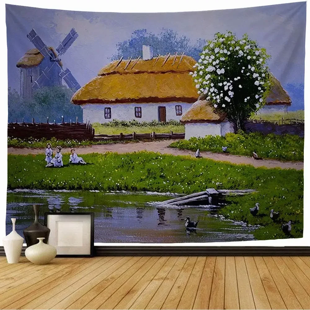 Farm Oil Painting Tapestry Wall Hanging Farm Village House Trees Autumn Landscape Tapestry for Living Room Bedroom Dorm Decor