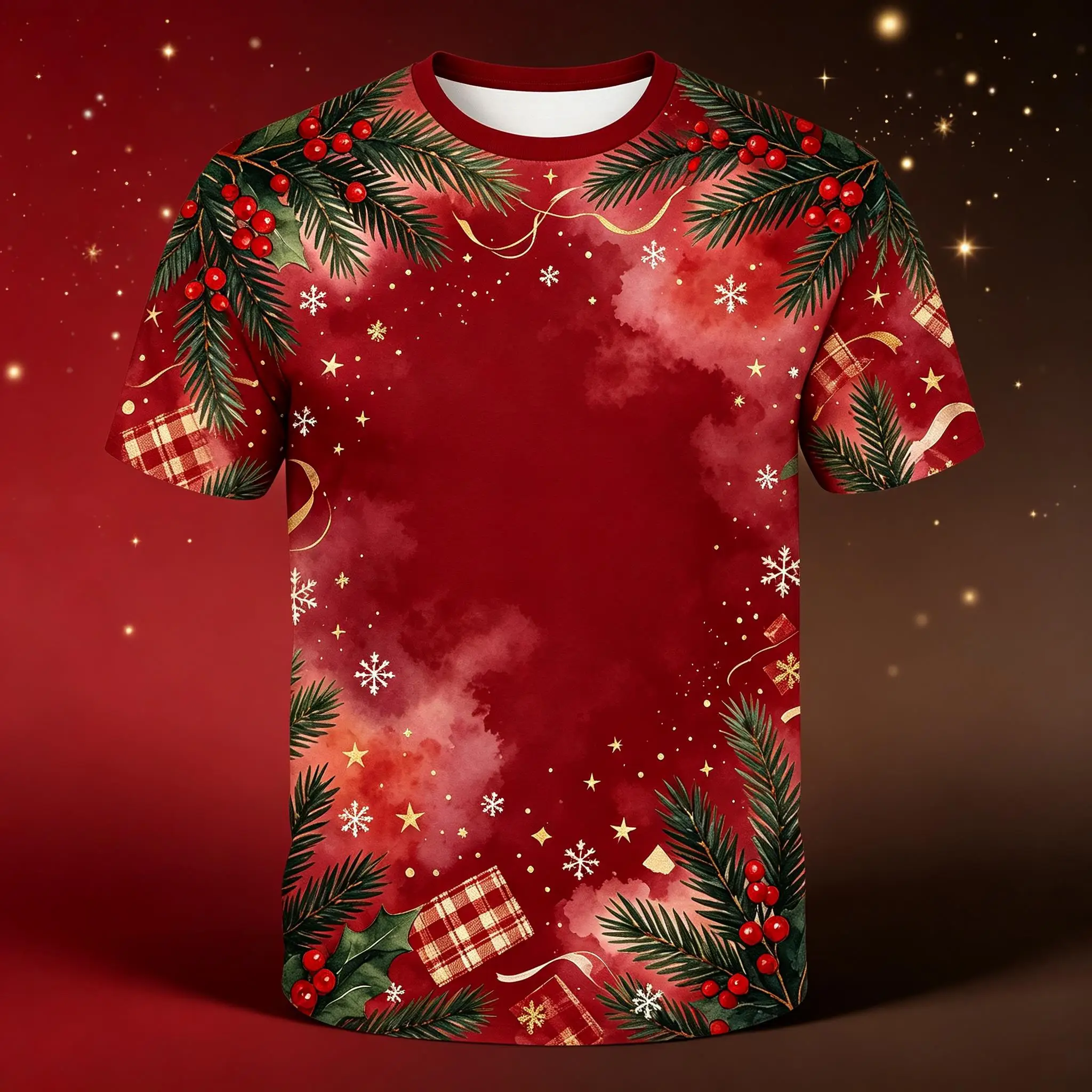 Watercolor Xmas Wreath Element Mens Tee Black Ribbon Star Pine Cone Print Casual Winter Holiday Wear