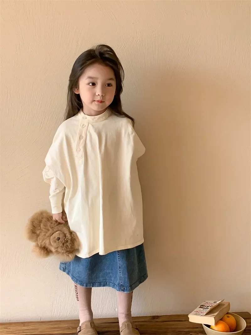 2023 Autumn New Girls\' Loose Sweater Mid-Length Cotton Fashionable Stand Collar Fashionable Children\'s Clothing