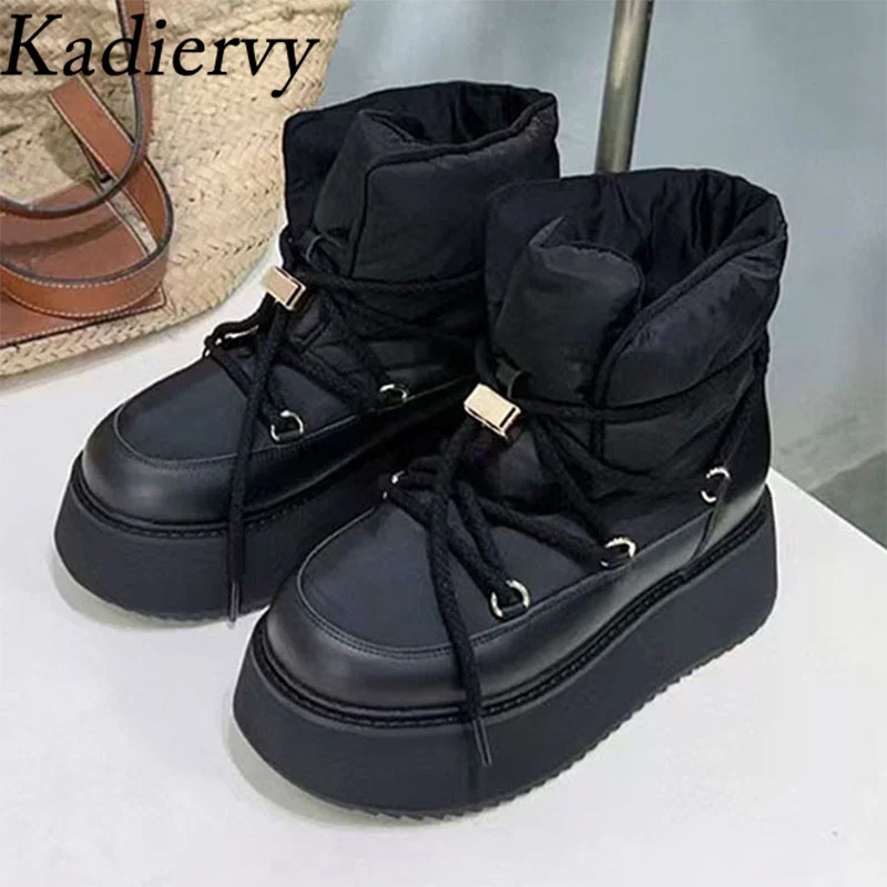 Winter Boots Women Round Toe Lace Up Short Boots Wool Warm Flat Platform Shoes Woman Waterproof Down Fabric Snow Boots Woman