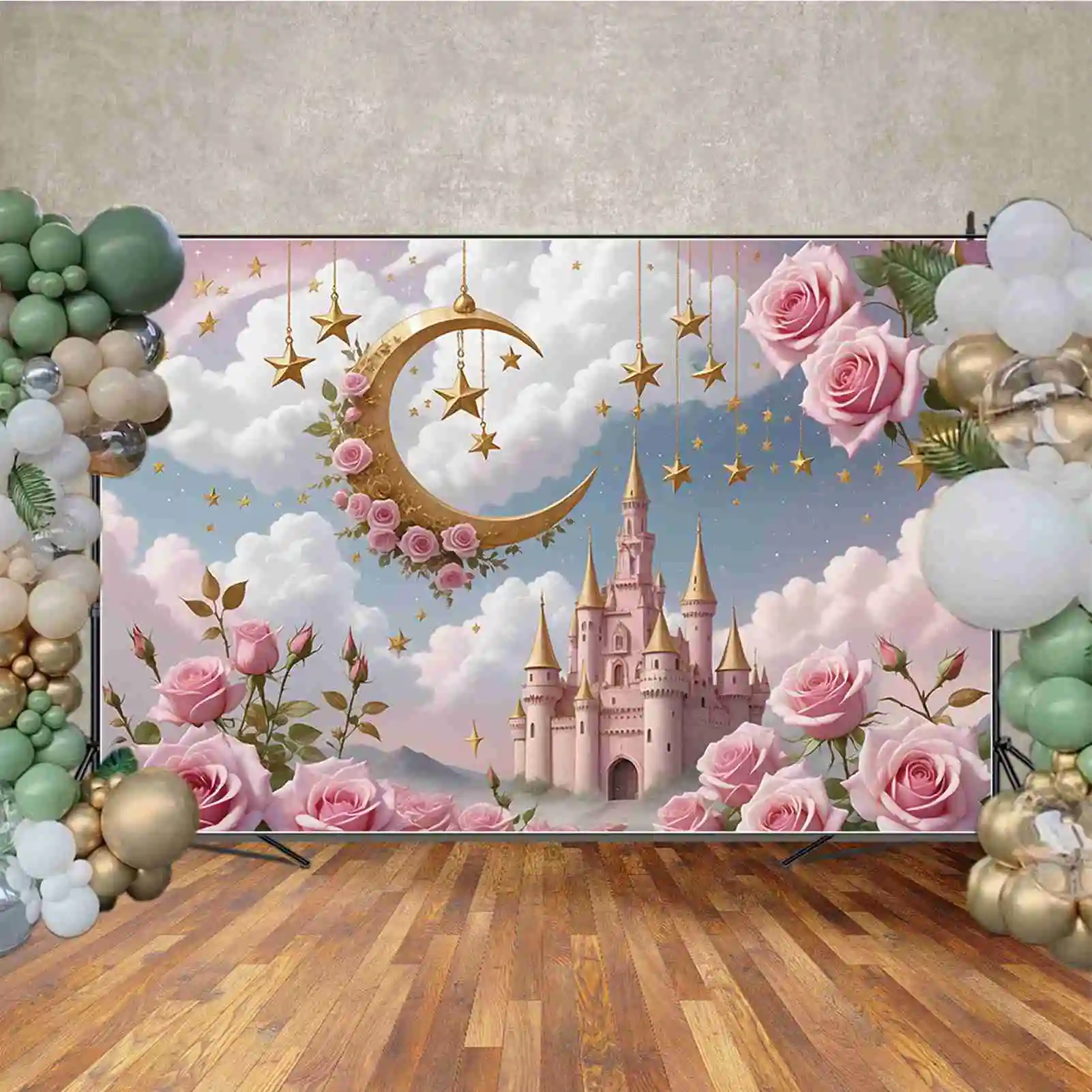 MOON.QG-Pink Rose Castle Backdrops, decoração personalizada do partido, fundo do aniversário, meninas crescente, fada estrela flores, adereços fotocall