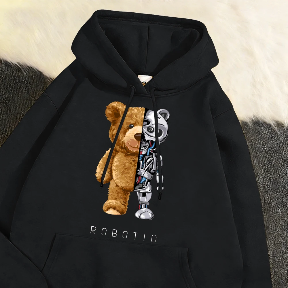 

Забавный плюшевый мишка с принтом робота, мужская толстовка с капюшоном, свободная модная одежда, повседневные осенние теплые пуловеры, унисекс, флисовые с длинными рукавами