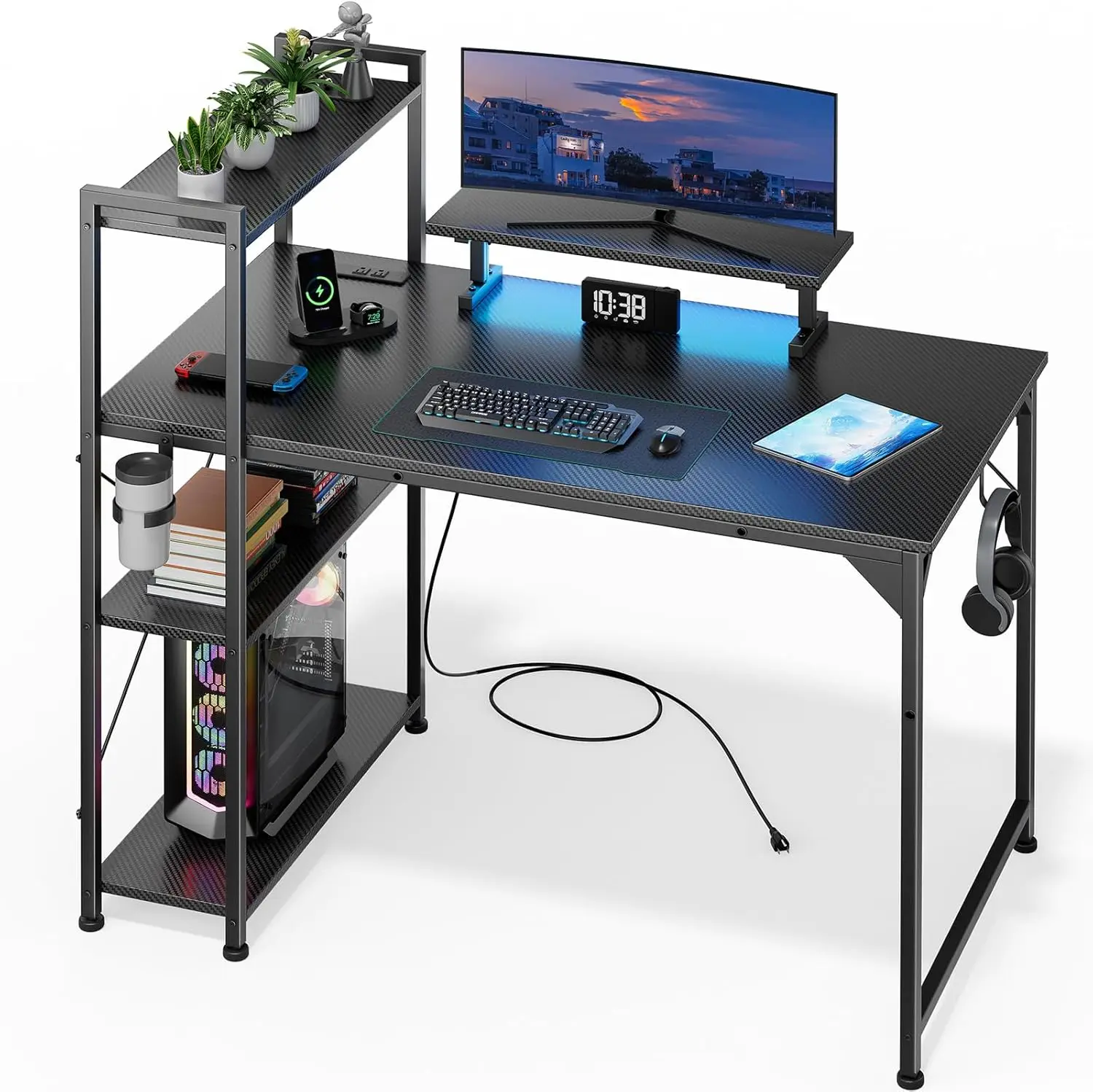 

55 Inch Gaming Desk with LED Lights, Reversible Shelves & Power Outlets for Home Office, Black