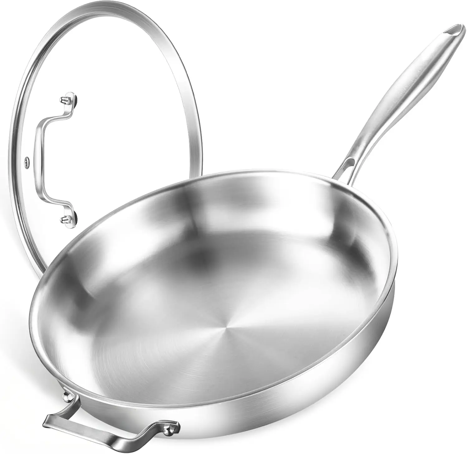 

Stainless steel skillet with lid, compatible with induction cooktops, gas stoves, and electric ranges for fast, even heating.