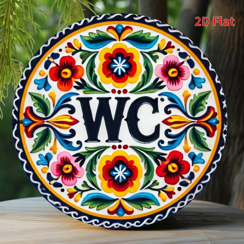 2D flach, 1-teiliges florales WC-Logo aus Holz im Retro-Stil – farbenfrohe flache 2D-Badezimmerdekoration, kreatives Weihnachtsgeschenk