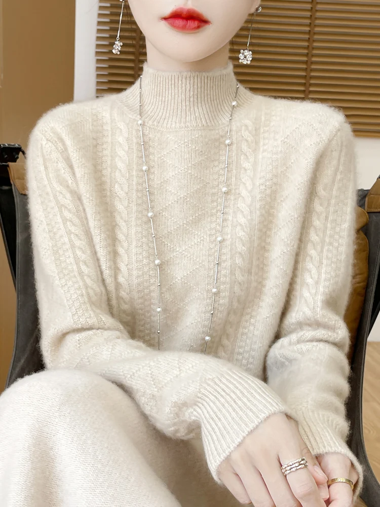 

Thiened Pure Wool Knitted f High Collar Base irt Women's Inner Wear Large Size Autumn Winter Warm Sweater Commute Sle