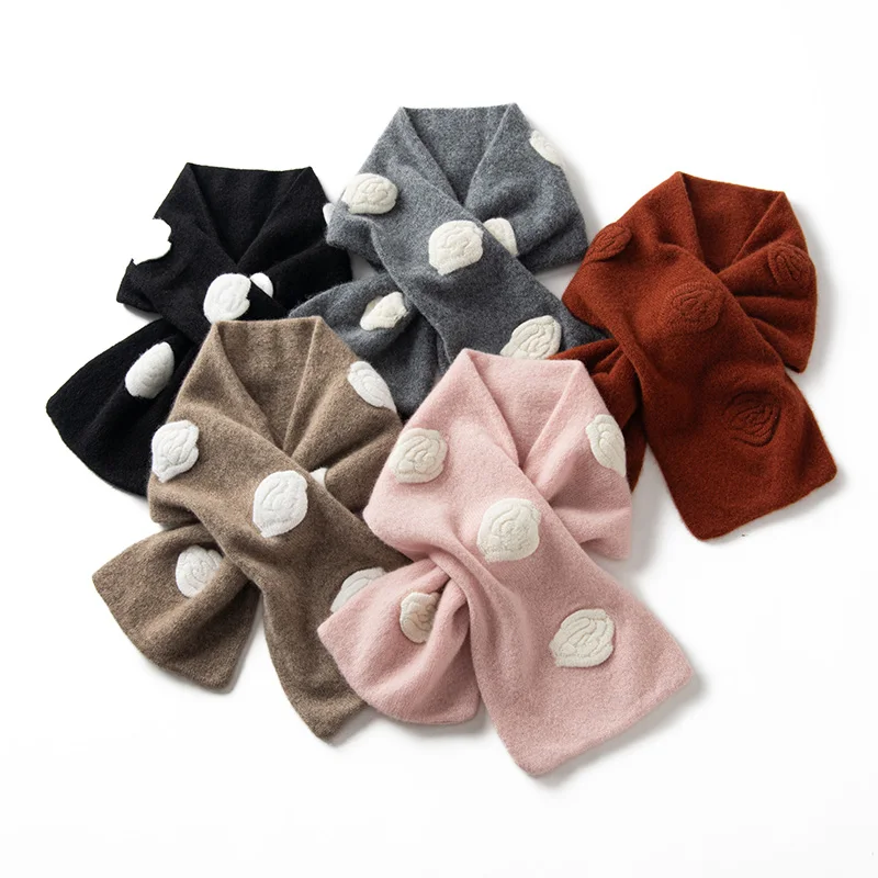 Cashmere scarf cross-winter high-end short camellia flower small scarf for women, genuine 100% pure cashmere neck guard