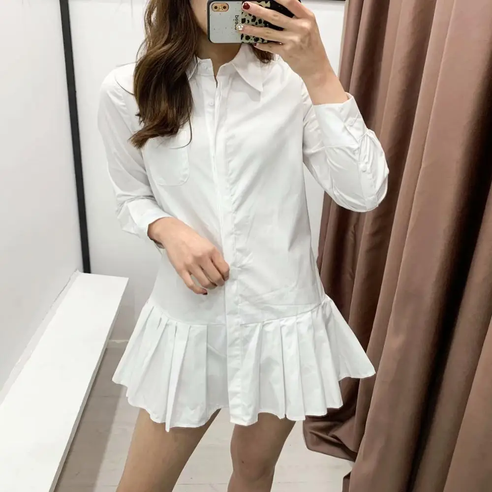 2020 New women solid color hem pleated white mini dress elegant long sleeve chic vestidos business women clothing dresses DS3532