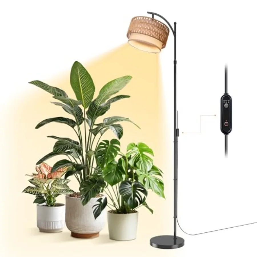 

Регулируемый светильник для растений в стиле бохо из ротанга и ткани, 65-72,8 дюйма, с LED-лампой 25 Вт 3000K полного спектра, с автоматическим включением/выключением и таймером