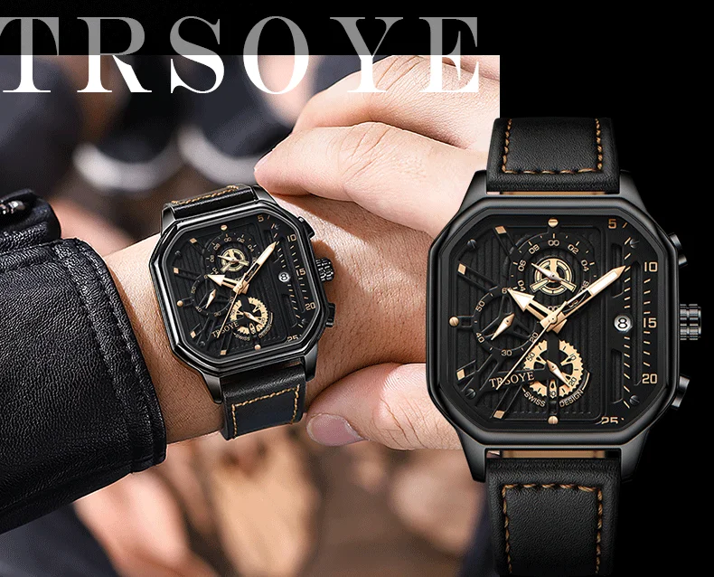 Trsoye 6604 Fashion Square Dial orologi da uomo in pelle Luxury Sport orologio impermeabile cronografo da uomo orologi da polso al quarzo Homme + Box