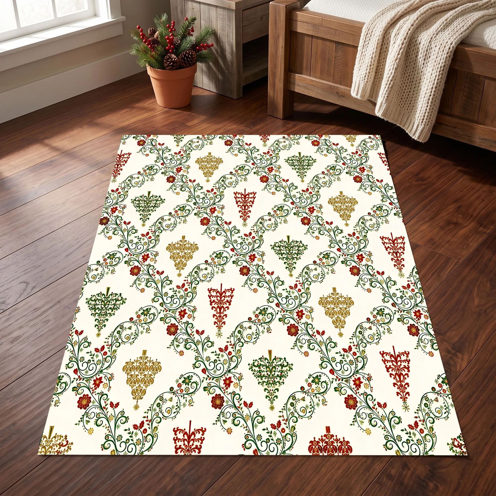 Colorful Christmas Tree with Retro Scroll Pattern, American Retro Style Christmas Rug, Suitable for Living Room and Bedroom, Warm and Soft Atmosphere, Autumn and Winter Soft Furnishings, Velvet Rug