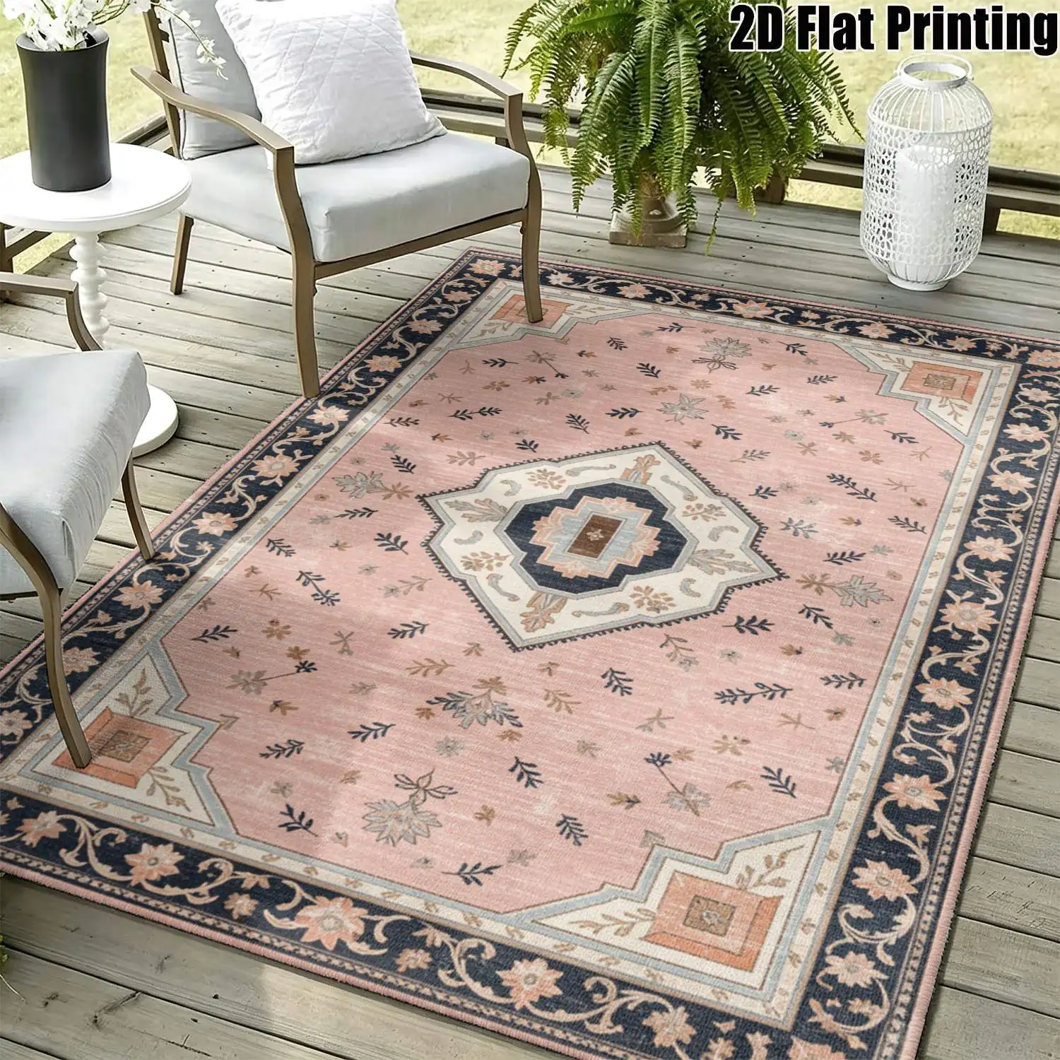 1Pc 2D Printed Carpet: Blue-Gray Retro Scrolling Flower Pattern Ideal Home Decor, Multi-Size, Machine Washable, Suitable for Multi-Scene Use.