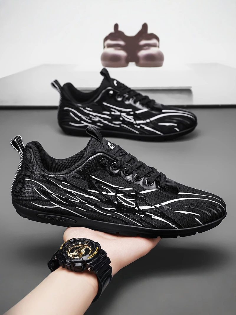 

Men's Breathable Summer Sports Casual Work Shoes Lightweight Anti-slip Black Agan Bean Shoes Rubber Outsole Mesh Upper