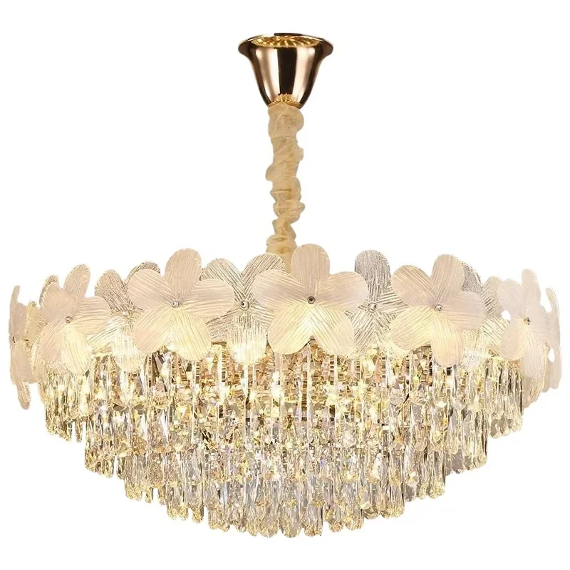 French modern light luxury, new flowers, atmospheric main lamp, living room crystal chandelier