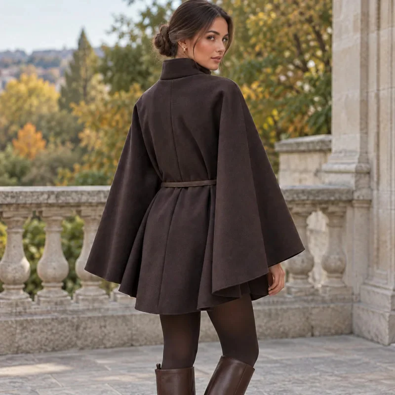 Women Wool Blend Cape Coat Belted Solid Color Stand Collar Batwing Sleeve Mid Length Poncho Jacket Autumn Winter Outerwear
