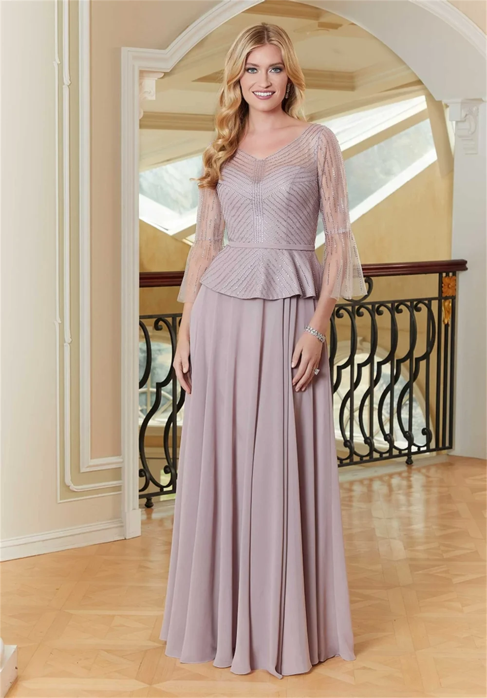 Elegant Chiffon A-Line Mother Of The Bride Dress 2023 Sexy Illusion V Neck Sheer Sleeves Formal Wedding Guest Evening Prom Gowns