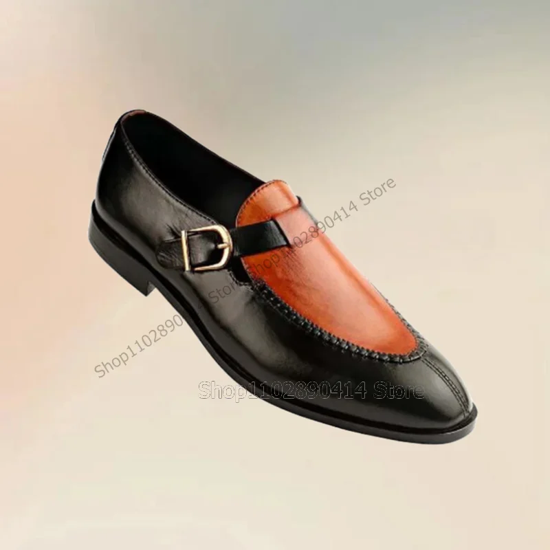 

Black Orange Sewing Design Buckle Decor Men Shoes Fashion Slip On Male Shoes Luxury Handmade Party Feast Banquet Men Dress Shoes