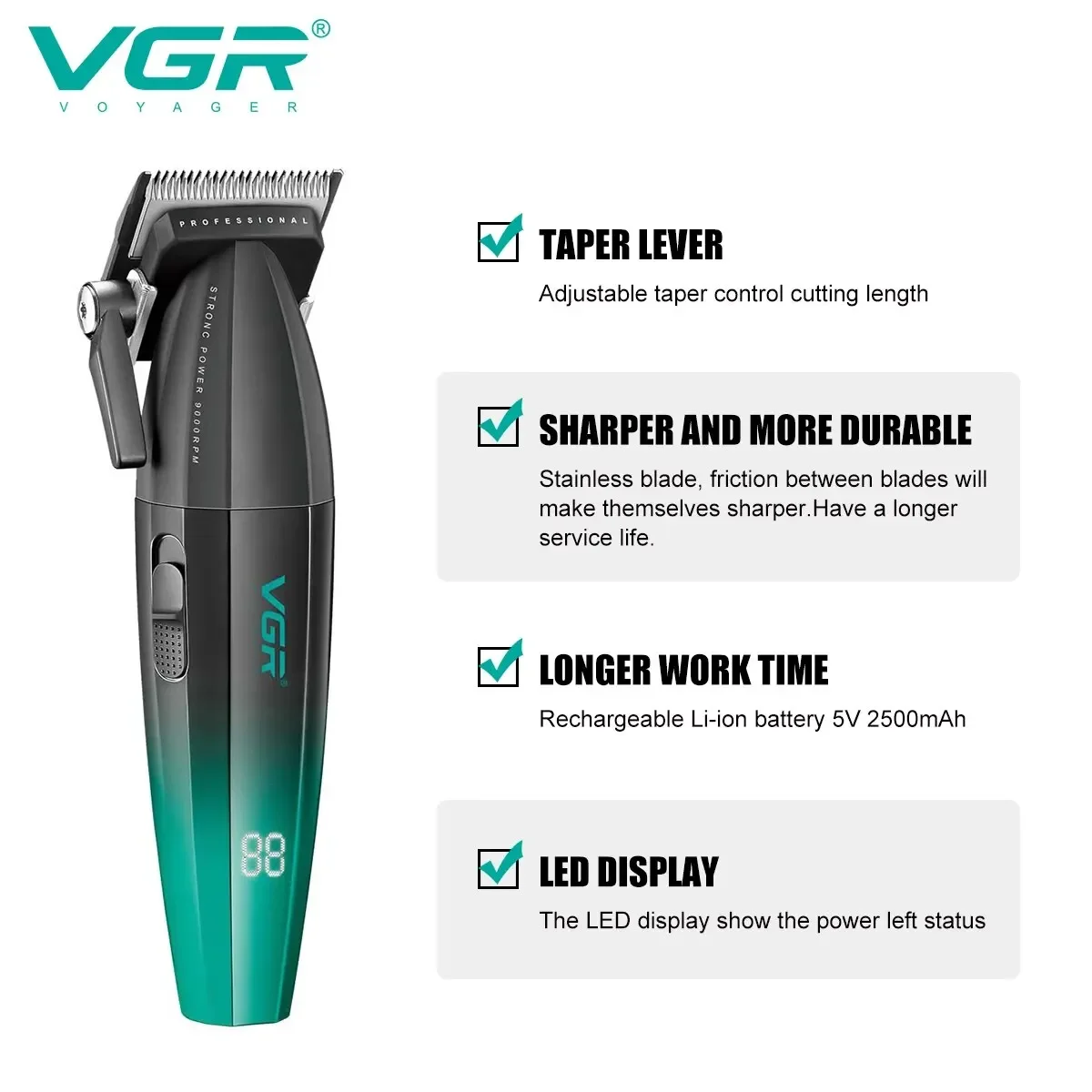 VGR Hair Clipper Cordless Hair Trimmer Professional Hair Cutting Machine Electric 9000 Rpm Haircut Clipper for Men V-003 V-906