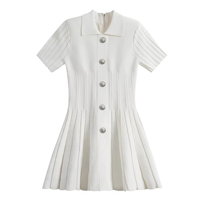 

New Arrival Fashion Style 2024 Spring Lady Turn-down Collar Single-breasted Short Sleeve Women Knit A-line Solid Mini Dress