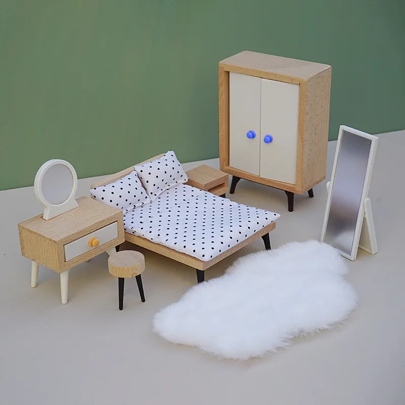 1:12 Mini Bedroom Furniture Bed Wardrobe Dressing Table Chair Blanket Model DIY Scene Dollhouse Desktop Decor Miniature