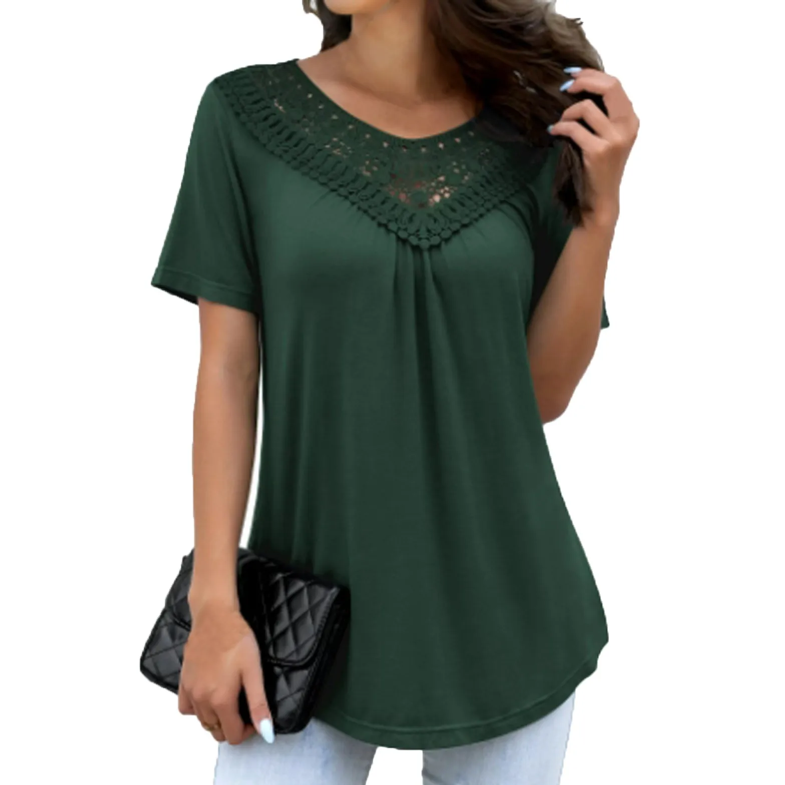 Women\'s Top Trending Clothes 2024 Plus Size Top Casual Solid Color Lace Stitching Round Neck Loose Short Sleeves Clothes