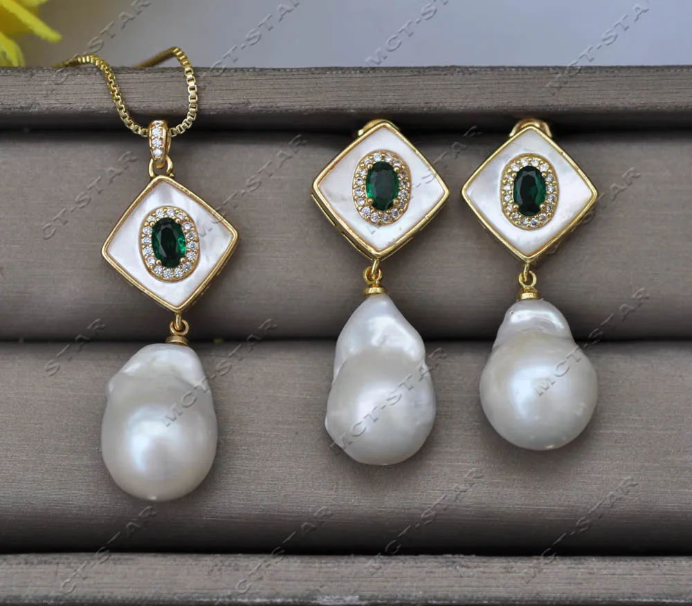 Set 18mm Baroque White Keshi Pearl Shell Emerald CZ Earring Pendant Custom Jewelry (Z13279 )