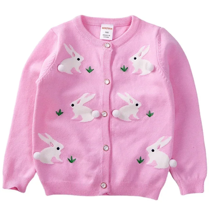 Girls Cardigan Sweater Autumn 2024 O-Neck Infants Children Cotton Knitwear Cartoon Rabbit Baby Kids Coat Toddler Clothes 2-7y