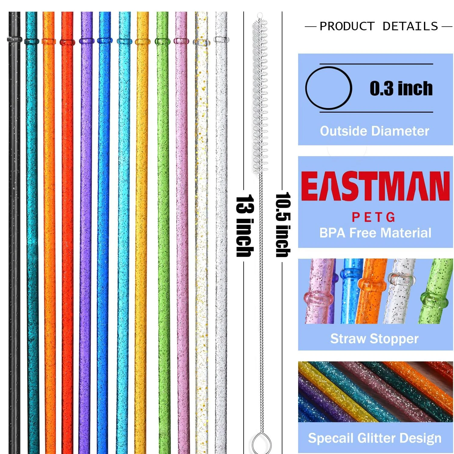 12-Pack Reusable Clear Plastic Glitter Straws, 13 inch Extra Long Tumbler Straws for Stanley Cups,Plus Cleaning Brush