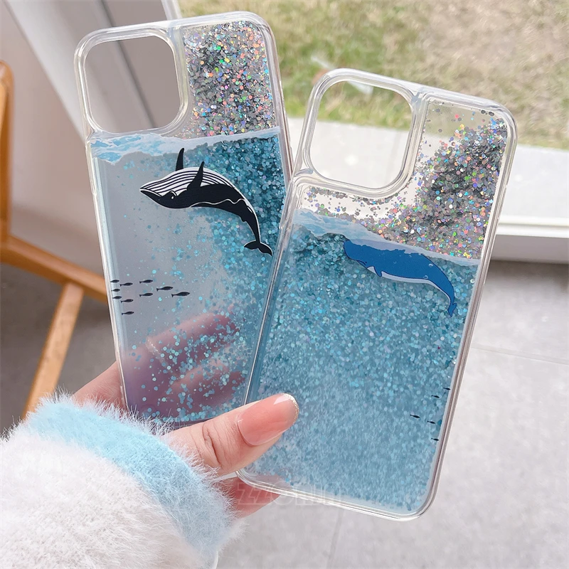 Whale Dolphin For Samsung Galaxy S24 Ultra S23 FE 5G S22 S21 S20 S10 Plus Note 20 10 9 8 Case Glitter Liquid Quicksand Cover Bag