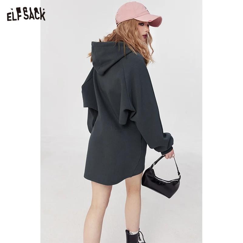 ELFSACK alphabet printing hooded dress women's mid rise long sleeve pullovers dress 2024 spring new fashion A pendulum casual dr