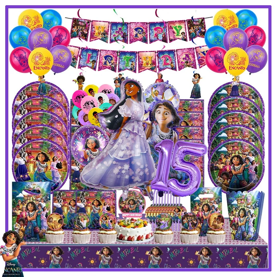 Disney Encanto Birthday Party Decoration Isabella Charm Purple Tableware Supplies Paper Cup Plate Napkin Balloon Kid Baby Shower