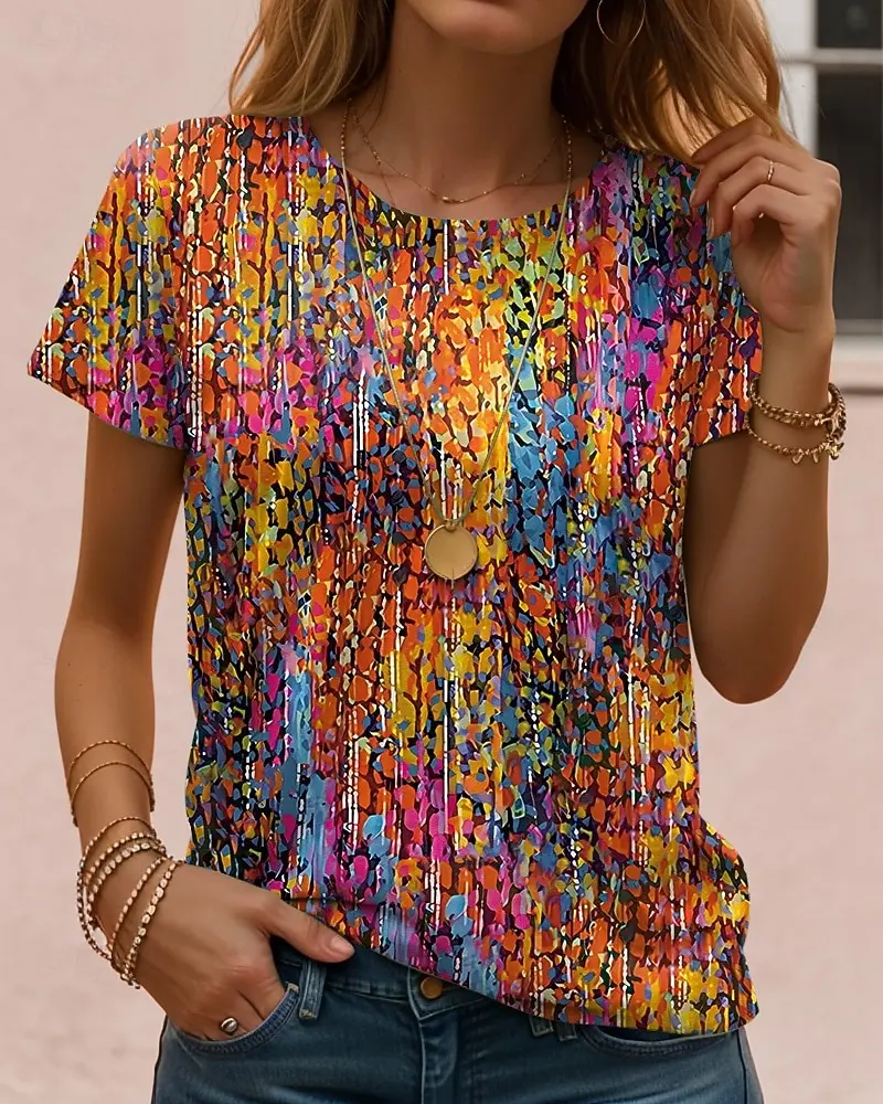 Abstract Art Print Casual T Shirt Crew Neck Short Sleeve Tee For Women Summer Holiday Travel Beach And Daily Outfits
