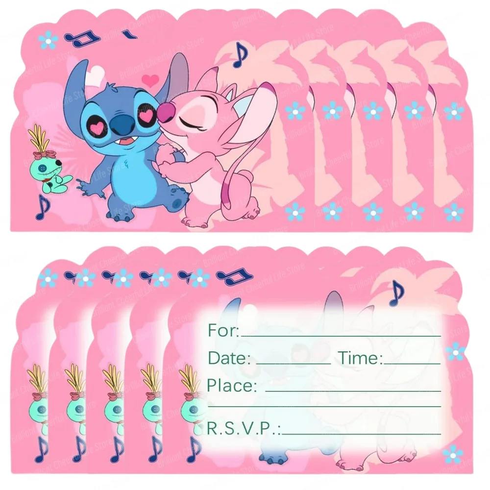 10/20/30Pcs Pink Lilo&Stitch Party Invitations Girls Paper Cartoon Invitation Cards for Kids Birthday Baby Shower Decoration