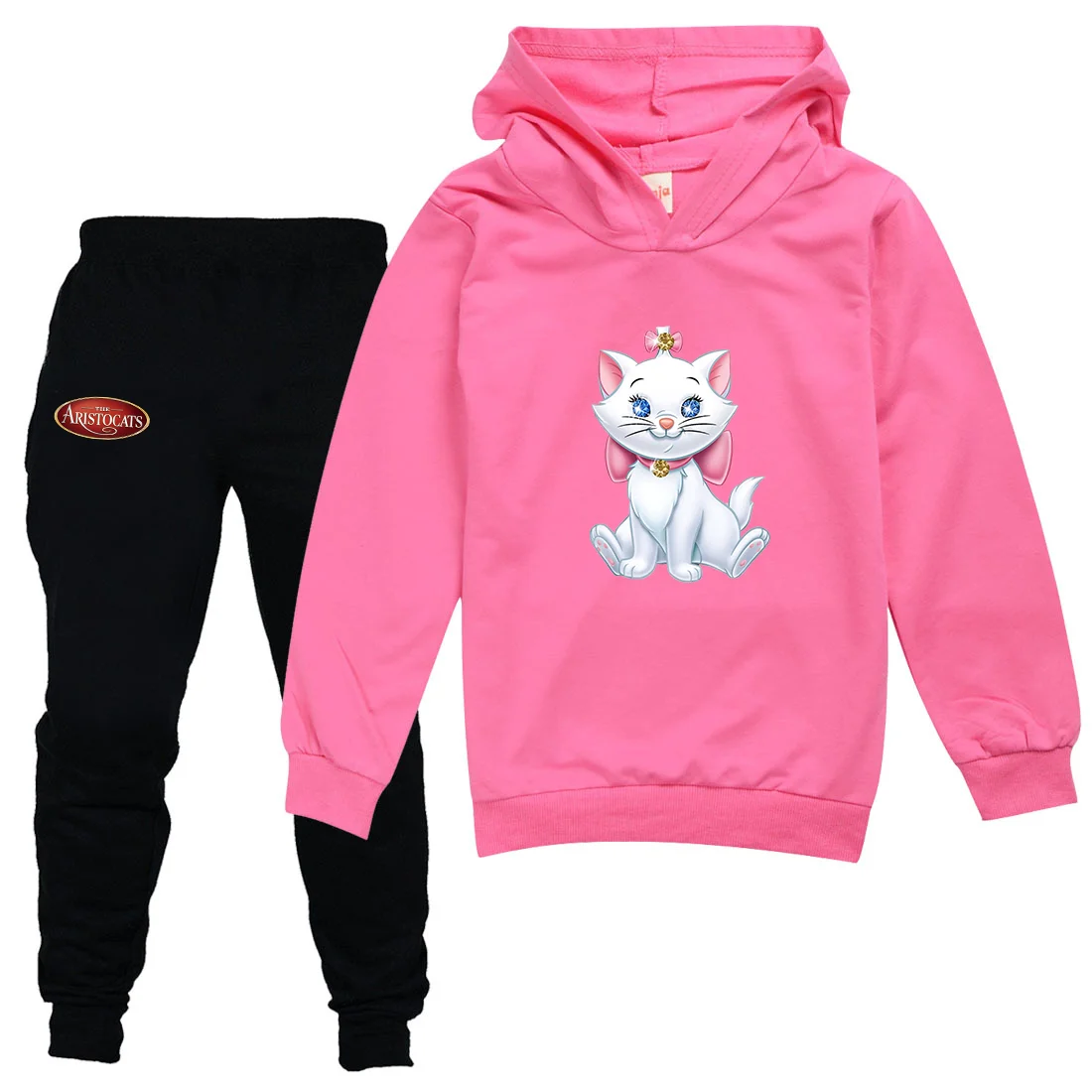 The Aristocats Marie Cat Kids Sportswear Suits Girls Boys Casual Thin Hoodie Black Pants Teen Chilren Outerwear Clothing Sets