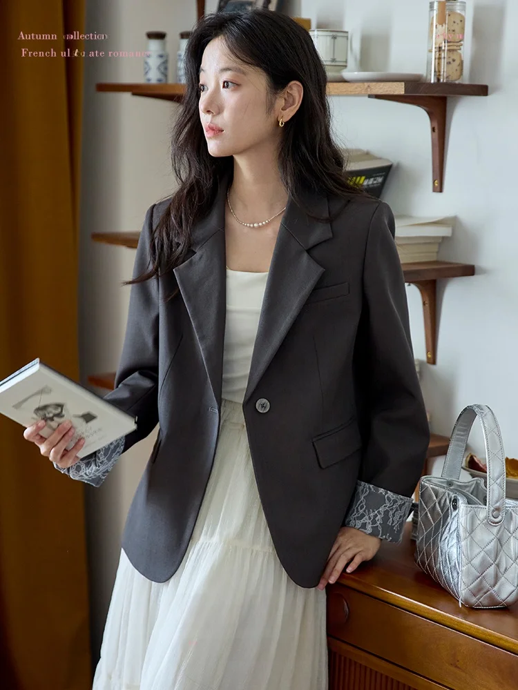 

Moriirose ey Lace Patchwork Loose Suit Jaet Women's Autumn Commute Top Flip Collar Ele Sle Polyester Fiber Long Sve