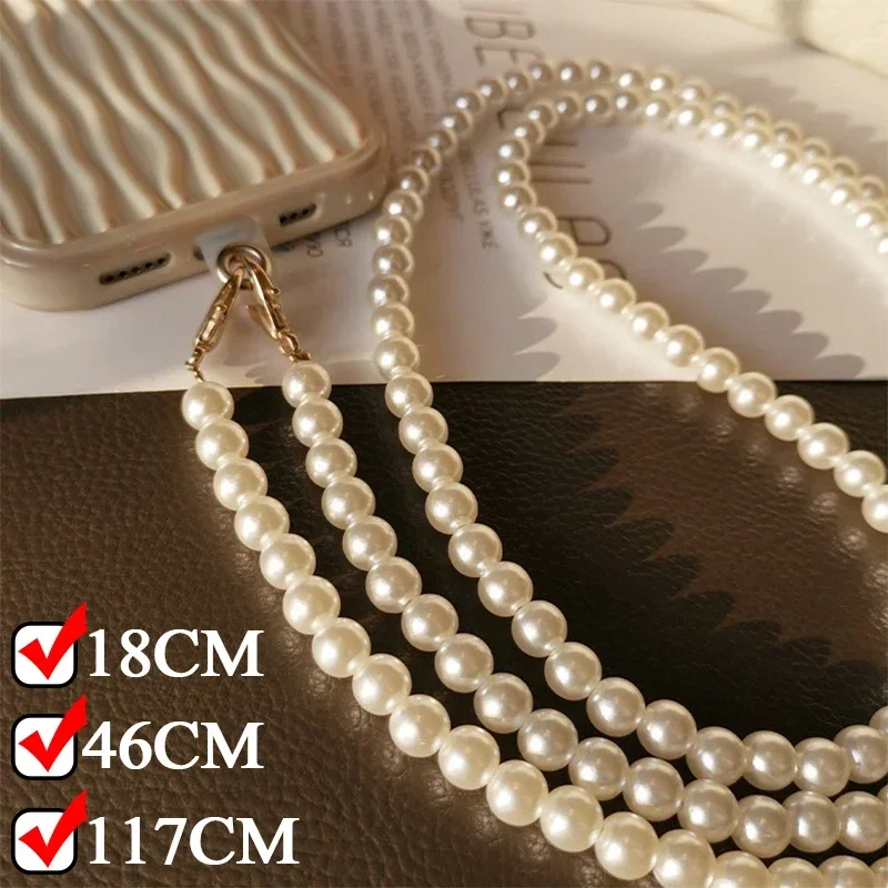 New Universal Phone Anti-lost Sling Pearl Chain with Patch Clip Long Crossbody Hand-beaded Lanyard Wriststrap Hang Rope