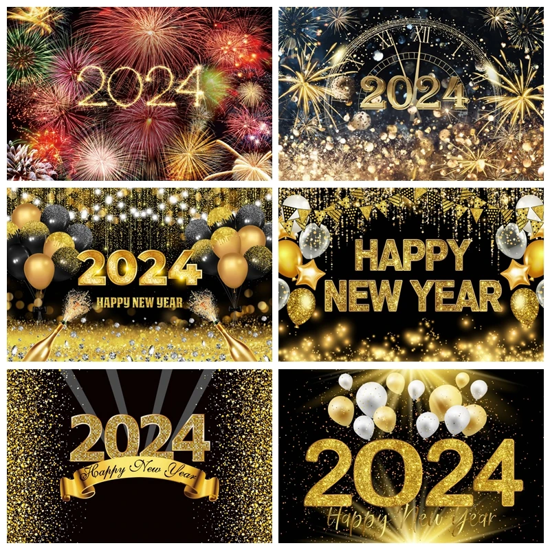 

Happy New Year Backdrops For Photography 2024 Firework Champagne Baby Portrait Photographic Party Decor Background Photo Studio