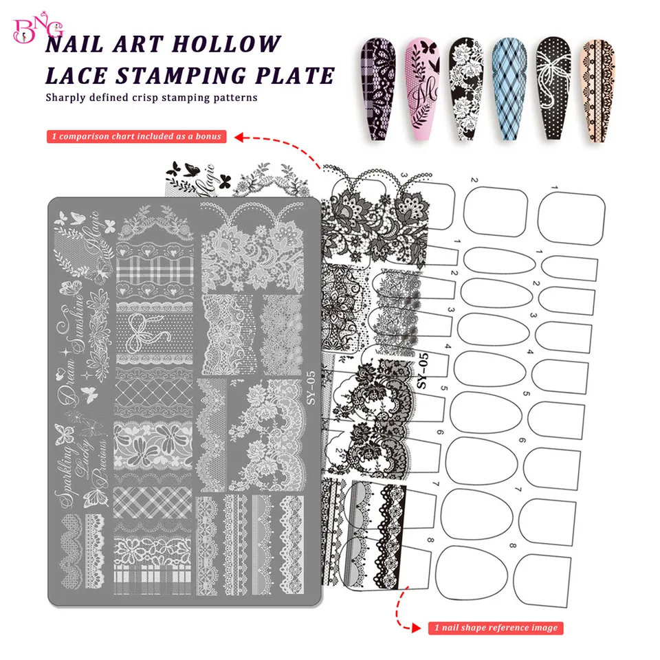 BNG Placas de Estampado para Uñas 10 Diseños Plantilla de Arte de Uñas Acero Inoxidable Encaje Floral Geométrico Herramientas de Manicura 4