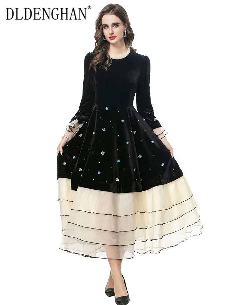 DLDENGHAN Damen Stehkragen Flare Ärmel Pailletten Perlen Vintage Samt Patchwork Kleider Mode Frühjahr Neu