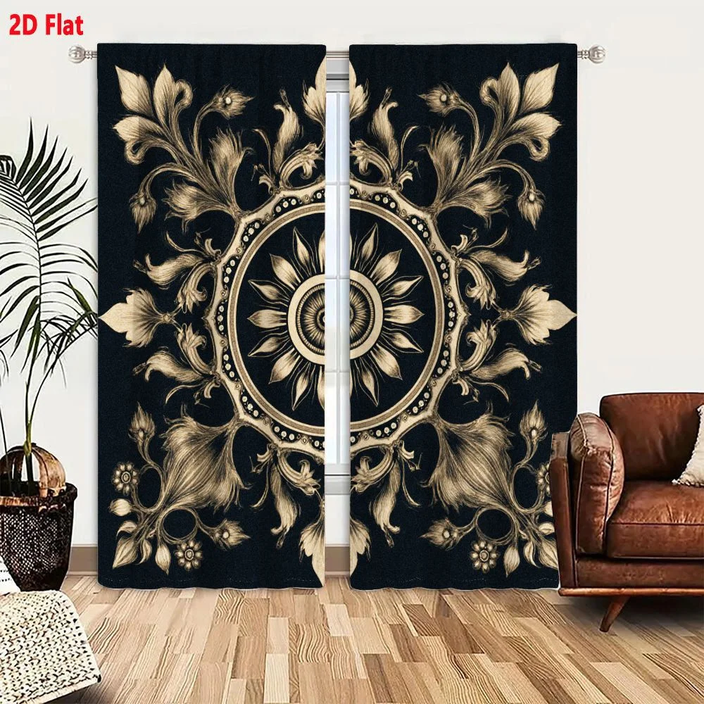 2Pcs Curtains 2D Flat Ornate Symmetrical Decorative Design Dark Background Central Sunflower Motif Radiating Petals Leaves Intri